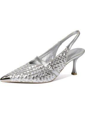 Women Pumps Stiletto Heels Metal Closed Pointed Toe Buckle Strap Shoes Silver